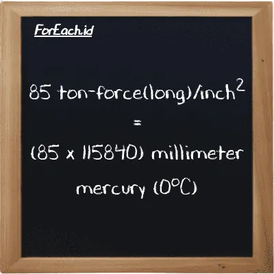 How to convert ton-force(long)/inch<sup>2</sup> to millimeter mercury (0<sup>o</sup>C): 85 ton-force(long)/inch<sup>2</sup> (LT f/in<sup>2</sup>) is equivalent to 85 times 115840 millimeter mercury (0<sup>o</sup>C) (mmHg)
